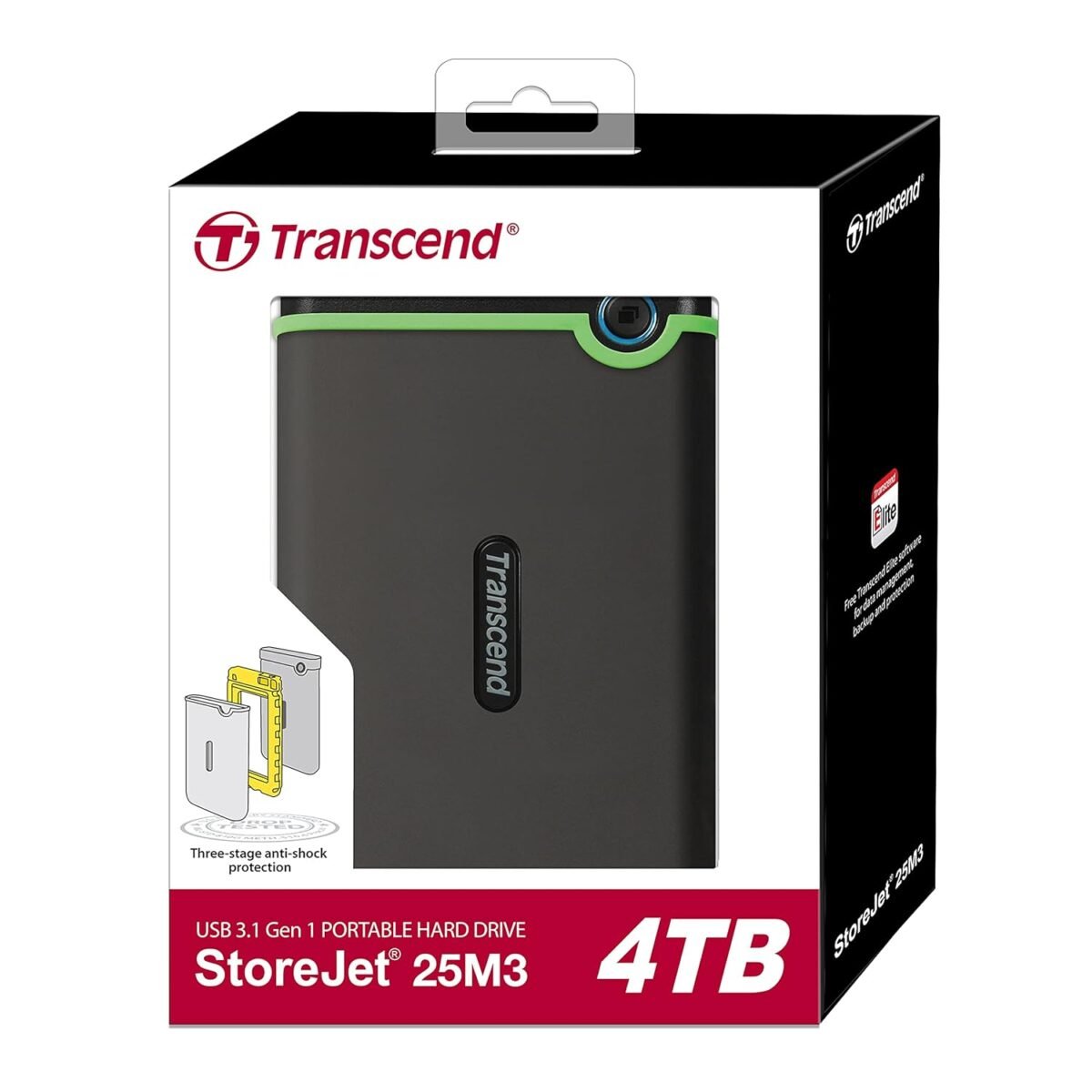 ⁦Transcend StoreJet 4TB USB 3.1 Gen 1 Portable Hard Disk Drive | Compatible with PC, Mac, Tab, PS5 and Xbox,| RecoveRx Software|  - TS4TSJ25M3S⁩ - الصورة ⁦1⁩
