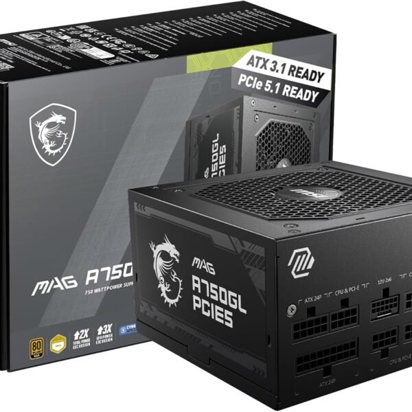 MSI مزود طاقة للالعاب A750GL بمنفذ PCIE 5.1 وATX 3.1 من ماج - وحدات كاملة - 80 بلس جولد معتمد 750 واط - حجم صغير - وحدة امداد طاقة ايه تي اكس