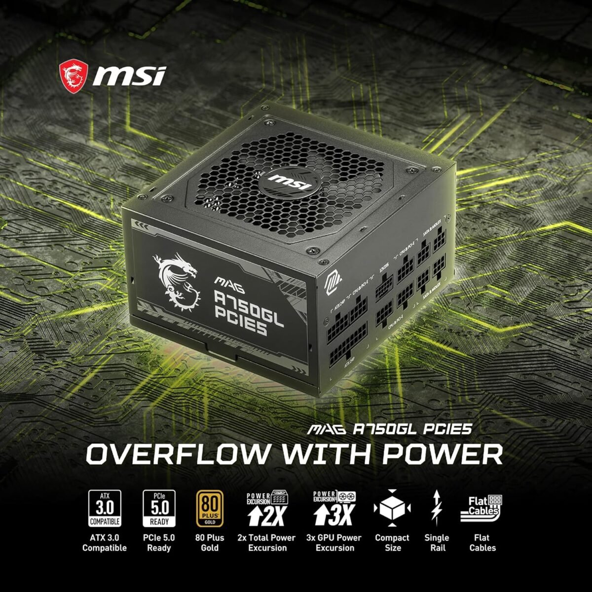 ⁦MSI مزود طاقة للالعاب A750GL بمنفذ PCIE 5.1 وATX 3.1 من ماج - وحدات كاملة - 80 بلس جولد معتمد 750 واط - حجم صغير - وحدة امداد طاقة ايه تي اكس⁩ - الصورة ⁦2⁩