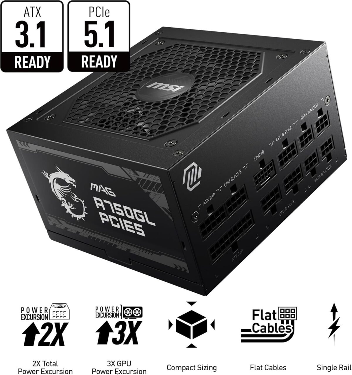 ⁦MSI مزود طاقة للالعاب A750GL بمنفذ PCIE 5.1 وATX 3.1 من ماج - وحدات كاملة - 80 بلس جولد معتمد 750 واط - حجم صغير - وحدة امداد طاقة ايه تي اكس⁩ - الصورة ⁦3⁩