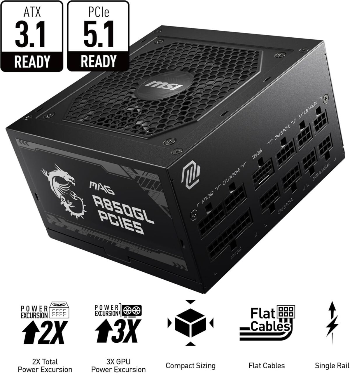 ⁦Power Supply Msi Mag A850GL /  850W 80 Plus Gold ATX3.0 Fully Modular⁩ - الصورة ⁦3⁩